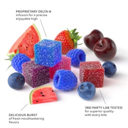 Delta 8 gummies with descriptive text describing benefits