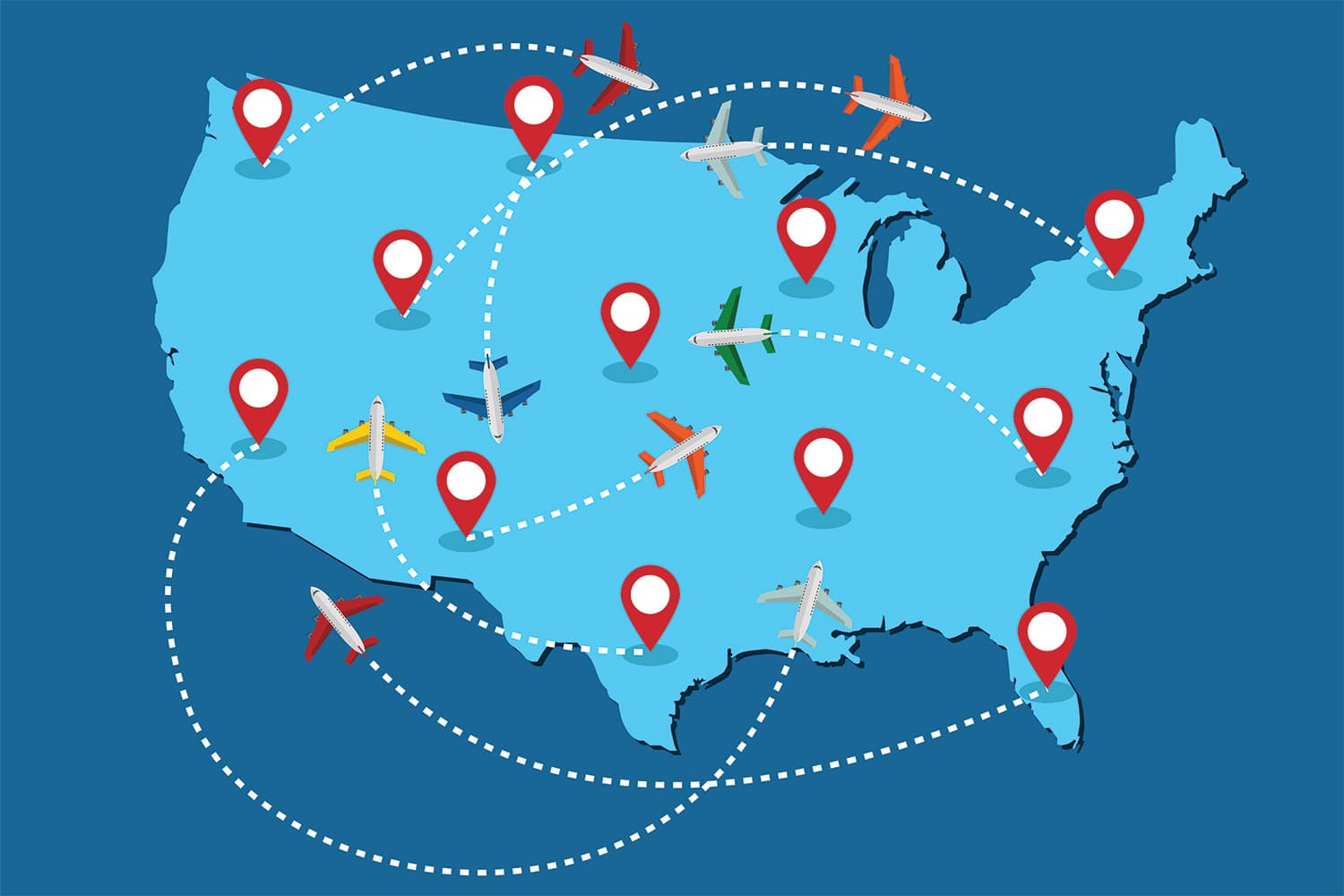 Illustration of planes flying around United States carrying Delta 8 THC