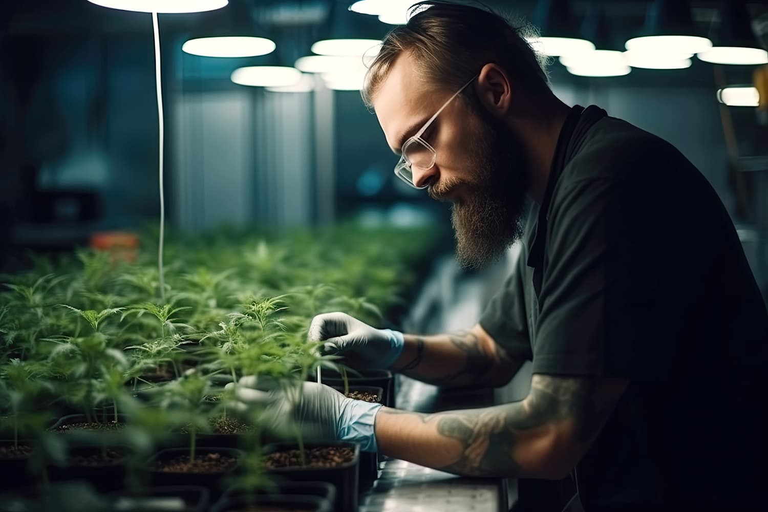 THCA Sand in lab under lights with person looking at it