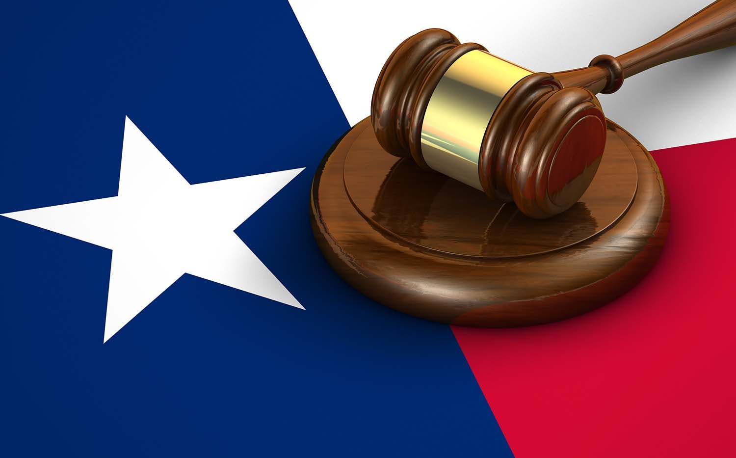 Texas flag with legal gavel on top