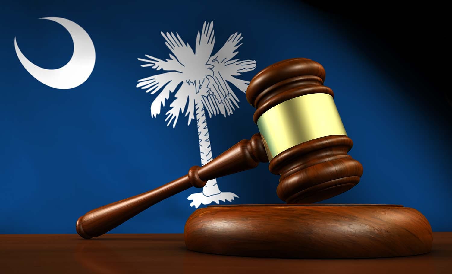 South Carolina flag with legal gavel in front