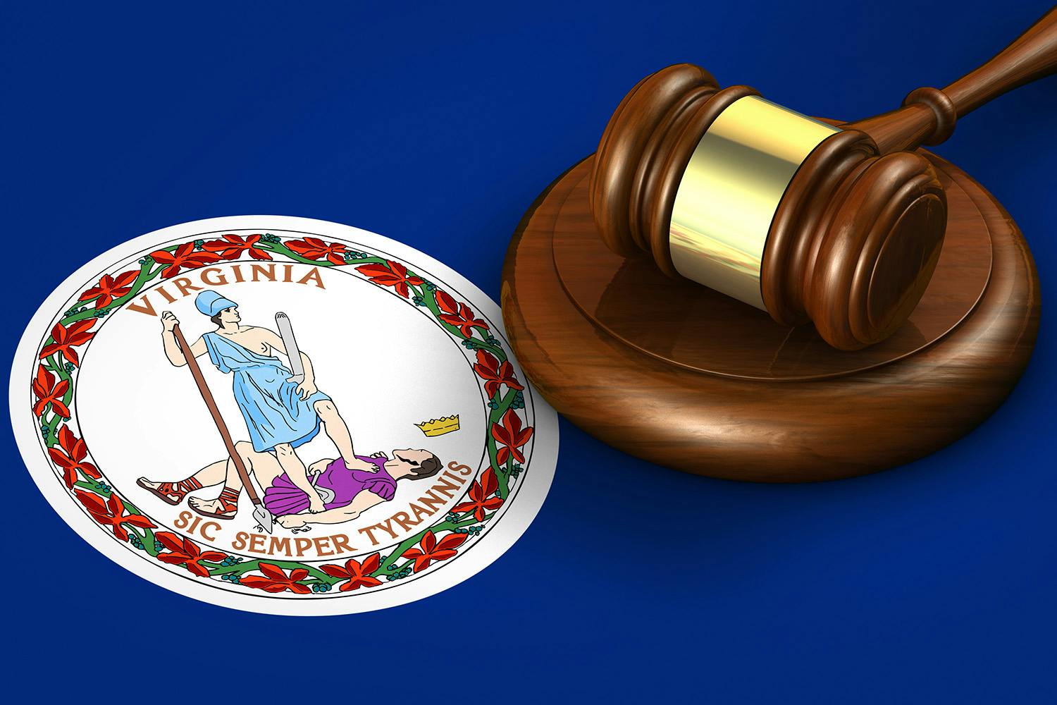 Virginia flag with legal gavel on blue background